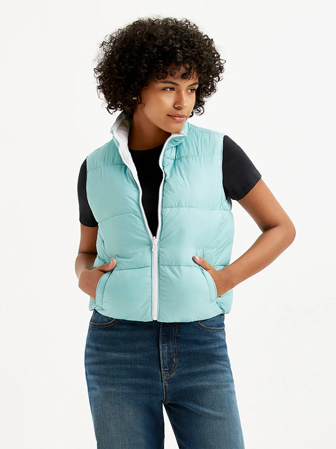 Women's Quilted Light-Blue High Neck Puffer Jacket