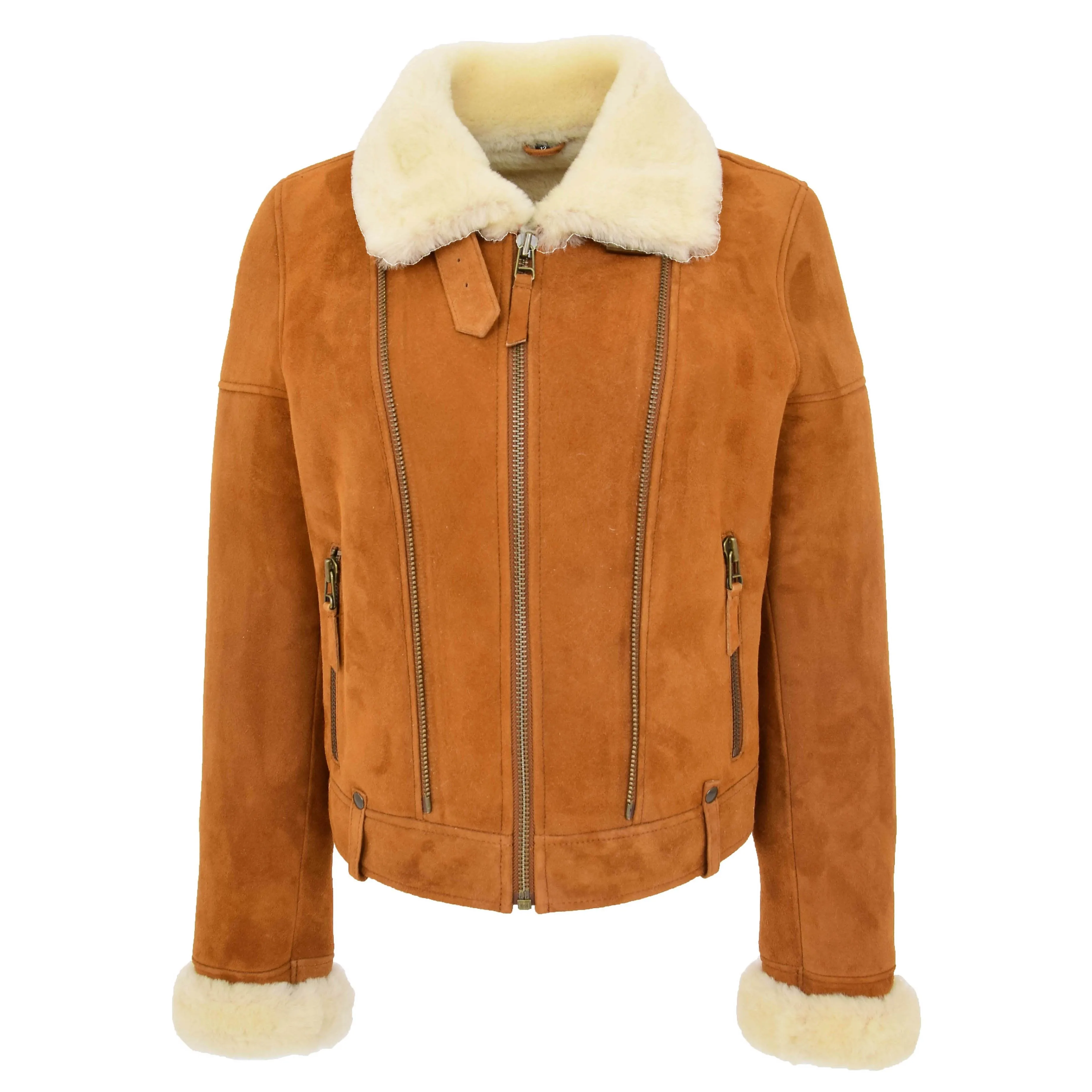 Womens Real Sheepskin Jacket Cognac Merino Shearling Coat Poppy