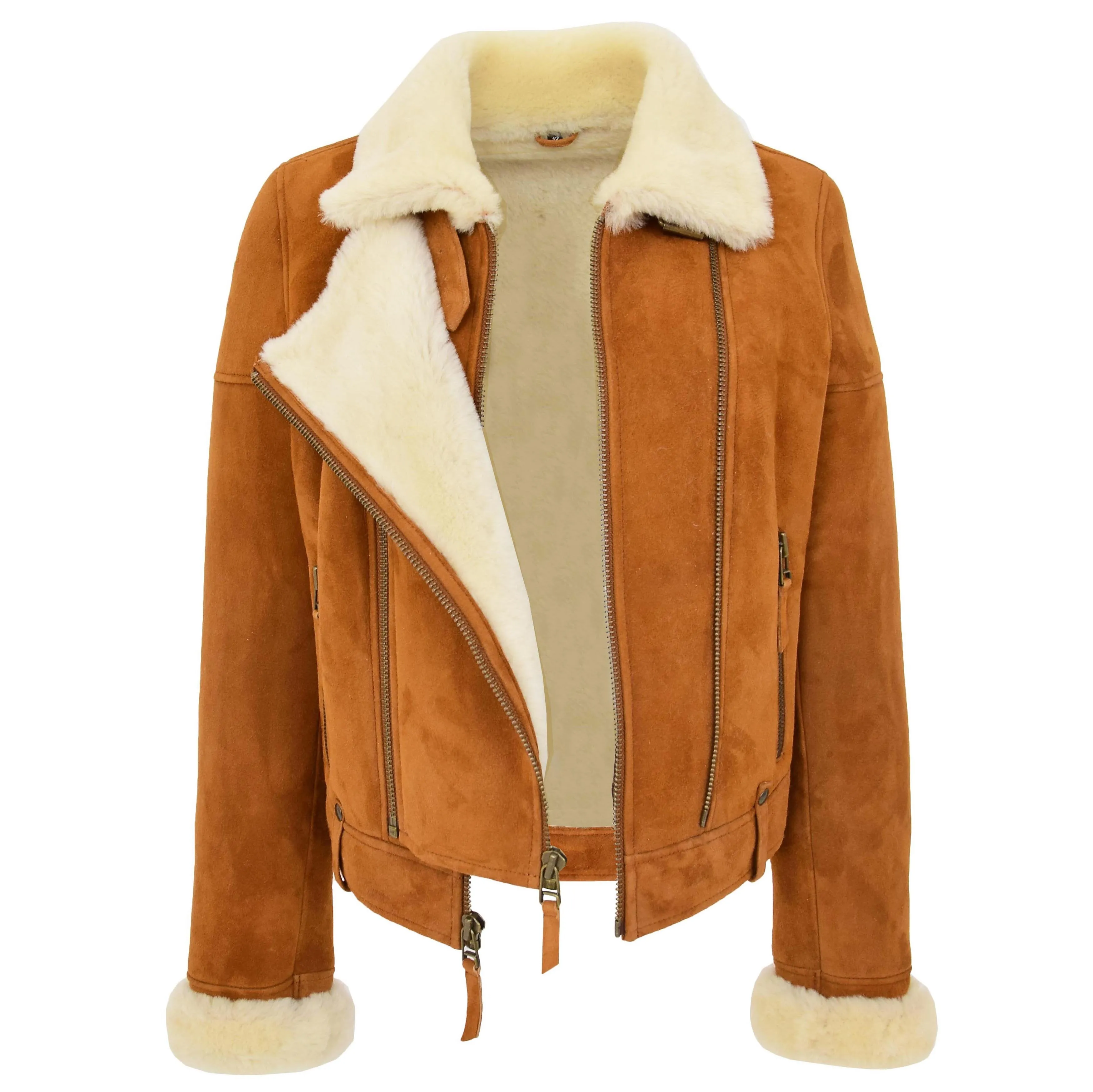 Womens Real Sheepskin Jacket Cognac Merino Shearling Coat Poppy