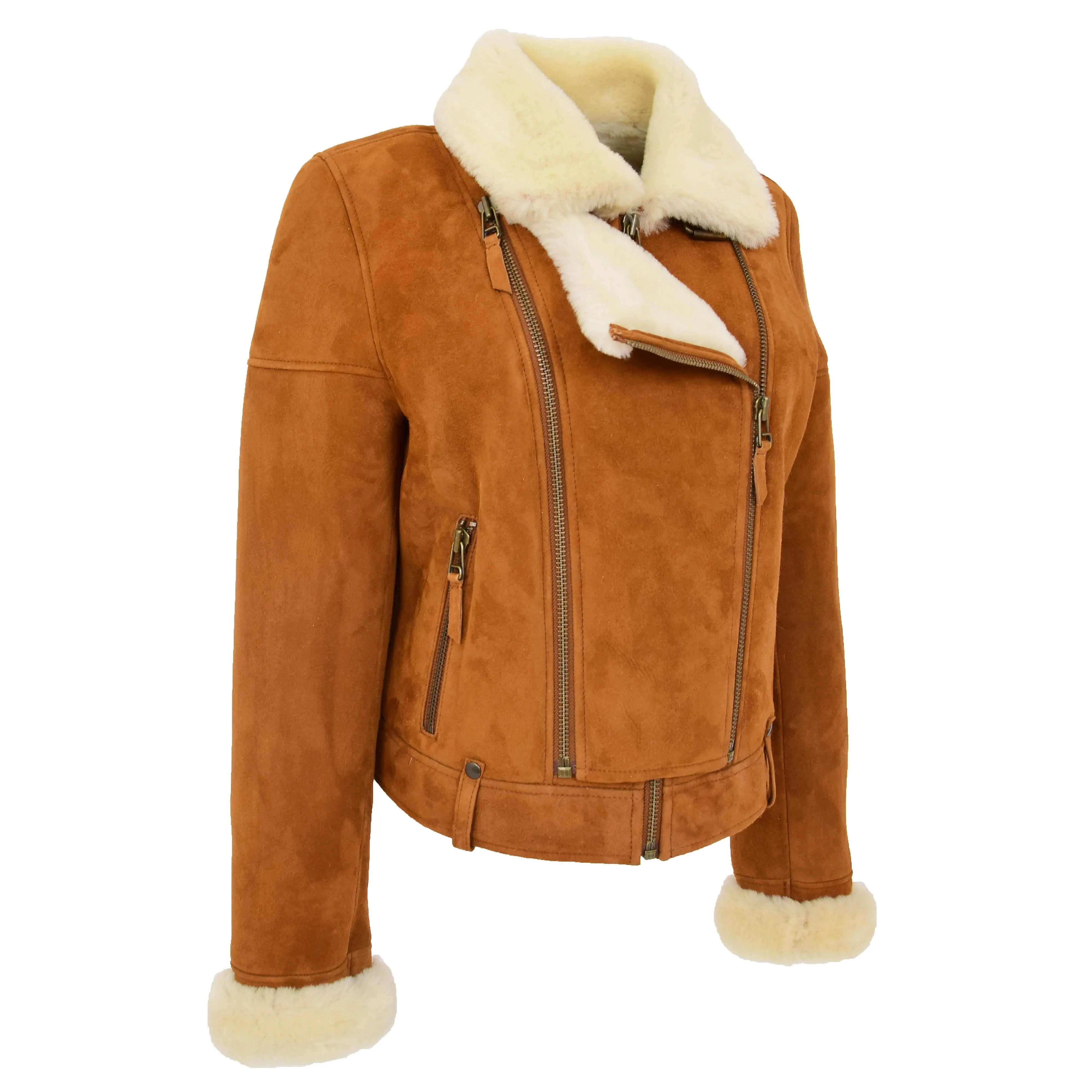 Womens Real Sheepskin Jacket Cognac Merino Shearling Coat Poppy