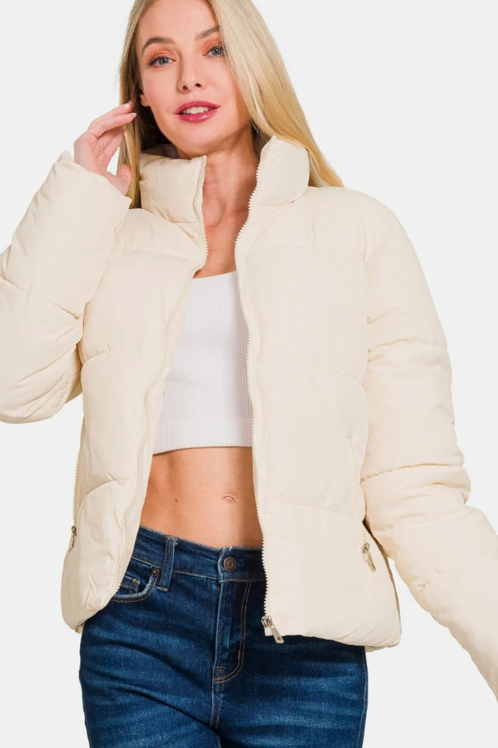 Zip Up Turtleneck Puffer Jacket with Pockets