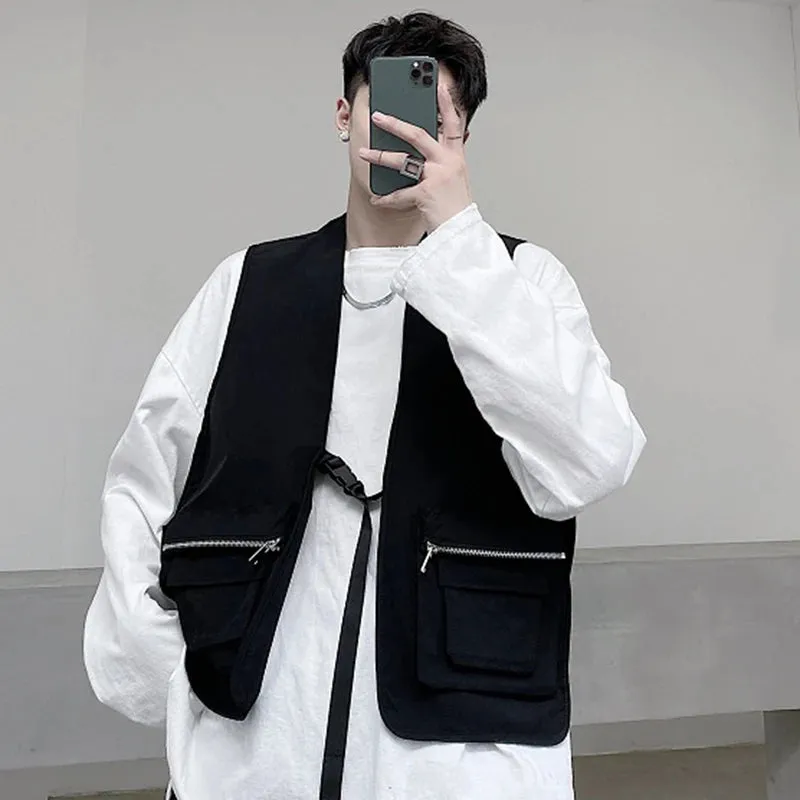 Zipper Large Pockets Male Vest Tech Wear Solid Color Trendy Simple Men's Waistcoat Stylish Men Clothing Spring 9C4089